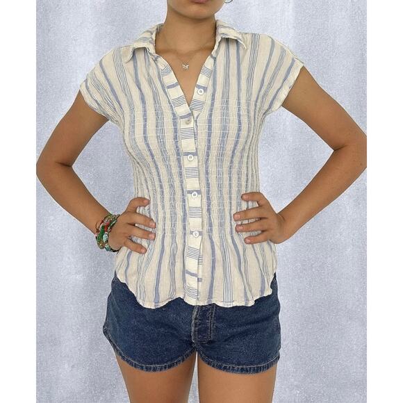 Anthropologie Maeve Striped Ruched Cotton Linen Blend Summer Coastal Blouse M - Picture 1 of 7